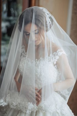 Bir gelin yüzünü örten bir peçe takıyor. Aynanın önünde duruyor, muhtemelen düğüne hazırlanıyordur. Duvak beyaz ve dantel bir tasarımı var.