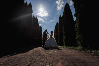 Bir çift karanlık bir ormanda poz veriyor. Adam takım elbise giyiyor ve kadın da gelinlik giyiyor. Sahne romantik ve samimi.