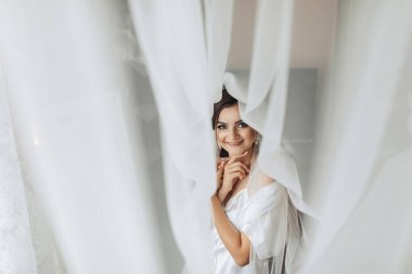 Bir kadın perdenin önünde duruyor, gülümsüyor. Gizem ve entrika kavramı, çünkü kadın perdenin arkasında kısmen gizlidir. Sahne neşeli ve şen şakrak