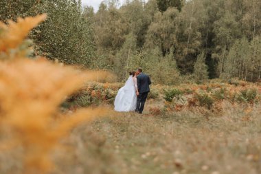 Bir gelin ve damat sarı çiçeklerle dolu bir tarlada yürüyorlar. Gelin beyaz bir elbise giyiyor ve damat mavi bir takım elbise giyiyor. El ele tutuşup birbirlerinin gözlerine bakıyorlar.