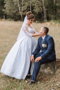 Bir gelin ve damat tarlada bir kayanın üzerinde oturuyorlar. Gelin beyaz bir elbise giyiyor ve damat mavi bir takım giyiyor.