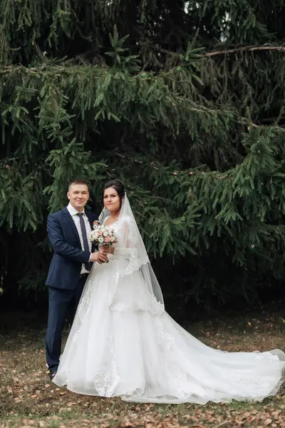 Bir gelin ve damat bir ağacın önünde fotoğraf için poz veriyorlar. Gelin beyaz bir elbise giyiyor ve damat mavi bir takım elbise giyiyor. Sahne mutlu ve romantik.