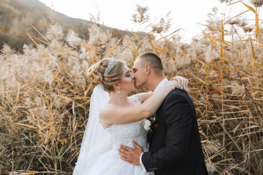 Bir gelin ve damat uzun otların arasında öpüşüyor. Gelin peçe takıyor ve damat takım elbise giyiyor. Sahne romantik ve samimi.