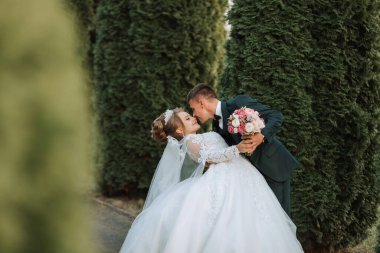 Bir gelin ve damat çalıların önünde öpüşüyor. Gelin beyaz bir elbise giyiyor ve damat da takım elbise giyiyor.