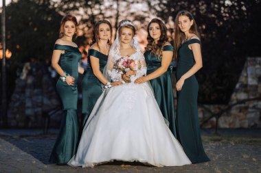 Bir gelin ve beş nedimesi fotoğraf için poz veriyorlar. Gelin beyaz bir elbise ve duvak takıyor. Nedimelerin hepsi yeşil elbiseler giyiyor. Fotoğrafın sıcak ve mutlu bir havası var.