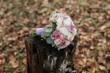 Bir çiçek buketi bir tarlada bir kütüğün üzerinde duruyor. Çiçekler pembe ve beyazın bir karışımı ve onları çiçek açmış gibi gösterecek şekilde sıralanmış. Huzur dolu bir sahne.