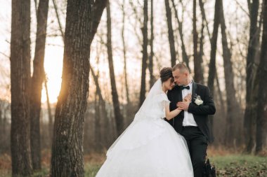 Bir gelin ve damat ormanda oturuyor, arkalarında güneş batıyor. Sahne romantik ve huzurlu.
