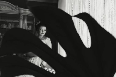 Bir kadın büyük yapraklı bir bitkinin önünde duruyor. Üzerinde bir elbise ve taç var.