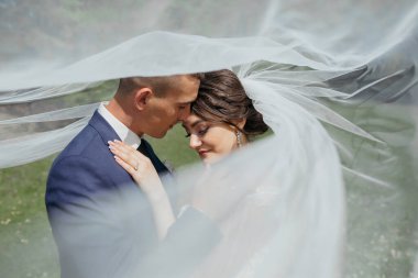 Bir gelin ve damat beyaz bir peçenin altında birbirlerini kucaklıyorlar. Gelin beyaz bir elbise giyiyor ve damat mavi bir takım elbise giyiyor. Sahne samimi ve romantik, aşkı yakalıyor.