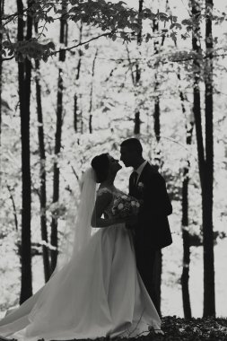 Gelin ve damat ormanda duruyorlar, gelin beyaz bir elbise ve damat siyah bir takım elbise giyiyor.