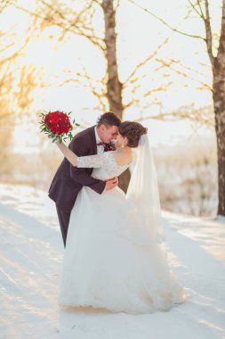 Bir gelin ve damat karda fotoğraf için poz veriyorlar. Gelin beyaz bir elbise giyiyor ve elinde bir buket kırmızı çiçek tutuyor.