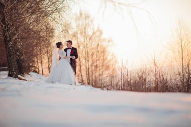 Gelin ve damat karın üzerinde, gelin beyaz bir elbise ve damat siyah bir takım elbise giyiyor. Sahne huzurlu ve huzurlu, çift birbirlerinin gözlerinin içine bakıyor.