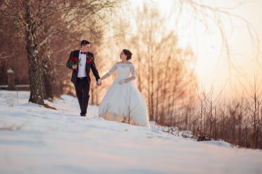 Bir gelin ve damat el ele karda yürüyorlar. Gelin beyaz bir elbise giyiyor ve damat bir takım elbise giyiyor. Sahne arka planda ağaçlarla bir ormanda geçiyor.
