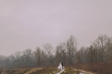Bir çift ağaçlık bir alanda duruyor, üzerlerinde gökyüzü bulutlu. Sahne huzurlu ve romantiktir, çünkü çiftler doğanın ortasında birbirlerini kucaklarlar.