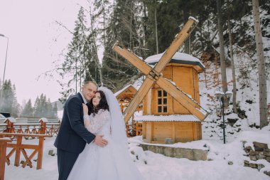 Bir gelin ve damat yel değirmeninin önünde fotoğraf için poz veriyorlar. Sahne romantik ve mutlu.