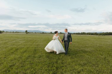 Bir gelin ve damat, arka planda güzel bir dağ manzarasıyla bir tarlada yürüyorlar.