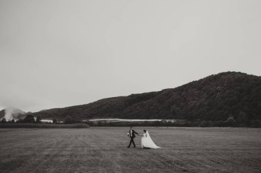 Bir gelin ve damat arka planda bir dağ ile bir tarlada yürüyorlar. Sahne sakin ve romantik.