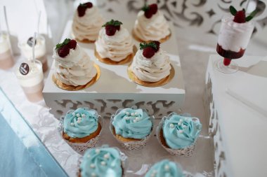 İçinde kapkekler ve mavi kremalı kek de dahil çeşitli tatlıların olduğu bir masa. Masa bir parti ya da toplanma için hazır.