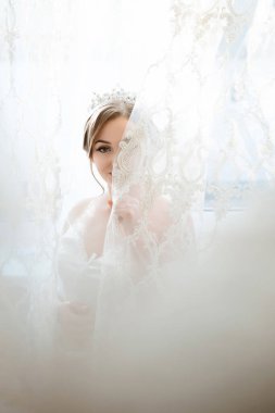 Beyaz elbiseli bir kadın perdenin arkasında duruyor. O bir taç takıyor ve eli onun yüzünde. Perdenin arkasında saklanan kadın gibi, görüntünün romantik ve samimi bir havası var.