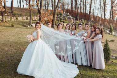 Bir gelin, nedimeleriyle birlikte tarlada duruyor. Gelin beyaz bir elbise giyiyor ve elinde bir buket tutuyor. Nedimeler gri ve pembe elbiseler giyiyorlar. Sahne bir düğün fotoğrafı.