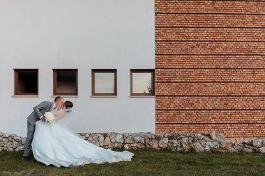 Bir gelin ve damat tuğla duvarın önünde öpüşüyorlar. Gelin beyaz bir elbise giyiyor ve damat bir takım elbise giyiyor. Sahne romantik ve samimi.