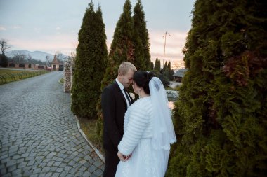 Bir gelin ve damat çitin önünde kameraya gülümsüyor. Sahne mutlu ve neşeli, çünkü çift düğünlerini kutluyor.
