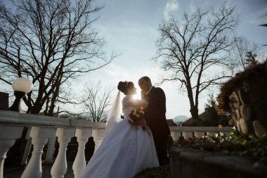 Gelin ve damat balkonda, gelin beyaz bir elbise ve damat da takım elbise giymiş olarak duruyorlar. Sahne ağaçların arka planına ve bulutlu gökyüzüne göre ayarlanmış.
