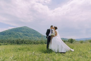 Arka planda dağ olan bir tarlada bir gelin ve damat öpüşüyor. Sahne romantik ve huzurlu.