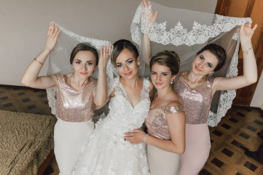 Bir gelin ve nedimeleri beyaz dantelli peçeli bir resim için poz veriyorlar. Gelin beyaz bir elbise giyiyor ve nedimeler pembe elbiseler giyiyor. Sahne neşeli ve kutlayıcıdır.