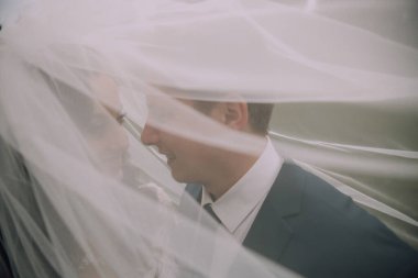 Bir gelin ve damat peçenin altında duruyor. Gelin beyaz bir elbise giyiyor ve damat mavi bir takım elbise giyiyor. Duvak beyazdır ve çifti örterek bir yakınlık hissi yaratır.