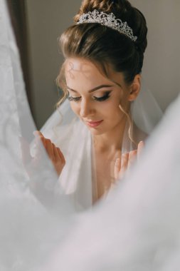 Kafasında taç olan bir kadın kameraya bakıyor. Beyaz bir elbise ve duvak giyiyor.