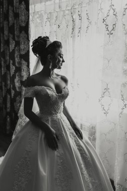 Gelinlikli bir kadın pencerenin önünde duruyor. Duvak ve taç takıyor.