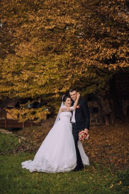 Bir gelin ve damat sonbahar yaprakları tarlasında fotoğraf için poz veriyorlar. Gelin beyaz bir elbise giyiyor ve damat bir takım elbise giyiyor. İkisi de gülümsüyor ve birbirlerine sarılıyorlar.