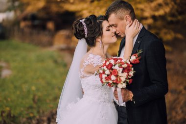 Bir gelin ve damat tarlada öpüşüyor. Gelin beyaz bir elbise giyiyor ve damat bir takım elbise giyiyor. Bir buket çiçek tutuyorlar.