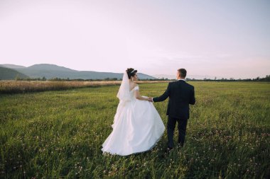 Bir gelin ve damat çim tarlasında yürüyor. Gelin beyaz bir elbise giyiyor ve damat siyah bir takım elbise giyiyor. Sahne huzurlu ve romantik.