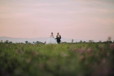 Bir gelin ve damat bir çiçek tarlasında yürüyorlar. Gökyüzü pembe ve çift resmi giyinmiş.