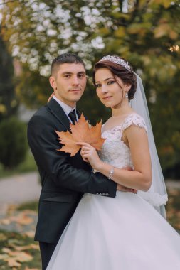 Bir gelin ve damat ellerinde yaprak olan bir resim için poz veriyorlar. Sahne mutlu ve romantik, çünkü çift resmi giyinmiş ve bir yaprak tutuyorlar.