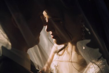 Bir erkek ve kadın peçe altında birbirlerini kucaklıyorlar. Adam takım elbise ve kravat takıyor ve kadın gelinlik giyiyor. Sahne romantik ve samimi.