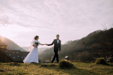 Bir gelin ve damat bir tarlada birlikte yürüyorlar. Gelin beyaz bir elbise giyiyor ve damat siyah bir takım elbise giyiyor. Gökyüzü bulutlu ve güneş batıyor, romantik bir hava yaratıyor.