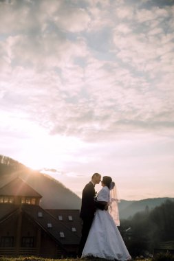 Bir gelin ve damat güzel bir dağ manzaralı bir evin önünde duruyorlar. Güneş batıyor, sahne üzerine sıcak bir parıltı saçıyor. Çift birbirini kucaklıyor.
