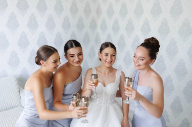 Bir grup kadın fotoğraf için poz veriyor ve şampanya içiyorlar. Sahne kutlama ve mutluluk dolu.