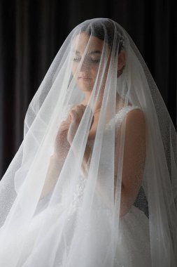 Bir kadın peçe takıyor ve perdenin önünde duruyor. Kameraya ciddi bir ifadeyle bakıyor.