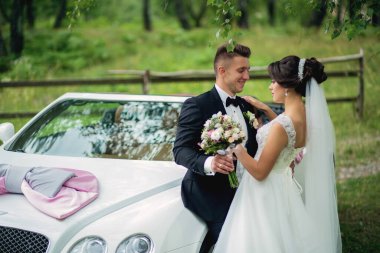 Bir gelin ve damat beyaz bir arabanın önünde poz veriyorlar. Araba pembe kurdele ve çiçeklerle süslenmiş. Çift resmi giyinmiş, damat da kravat takmış.