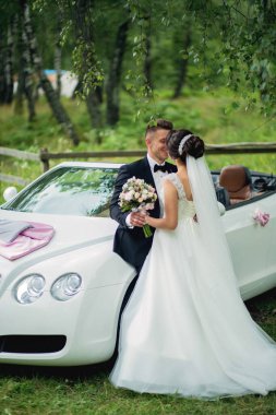 Bir gelin ve damat beyaz bir arabanın önünde öpüşüyor. Araba çimenli bir alana park edilmiş.