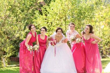 Bir grup kadın parkta fotoğraf çektirmek için poz veriyor. Gelin beyaz bir elbise giyiyor ve etrafında pembe elbiseli nedimeler var. Sahne neşeli ve kutlayıcıdır.