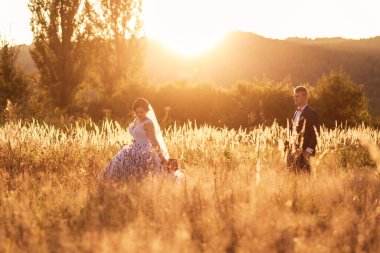 Bir gelin ve damat uzun otların arasında yürüyorlar. Güneş arka planda batıyor, sahne üzerine sıcak bir parıltı saçıyor. Çift birlikte iyi vakit geçiriyor gibi görünüyor.