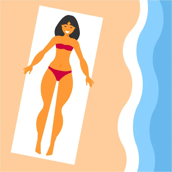 Una Donna Bikini Giace Telo Spiaggia — Vettoriale Stock