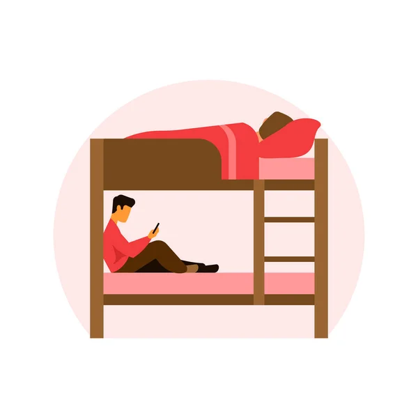 Мужчина Лежит Двухъярусной Кровати Мобильным Телефоном — стоковый вектор