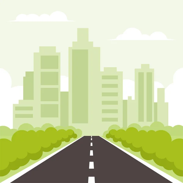 stock vector Cityscape background with road and trees. Vector illustration in flat style