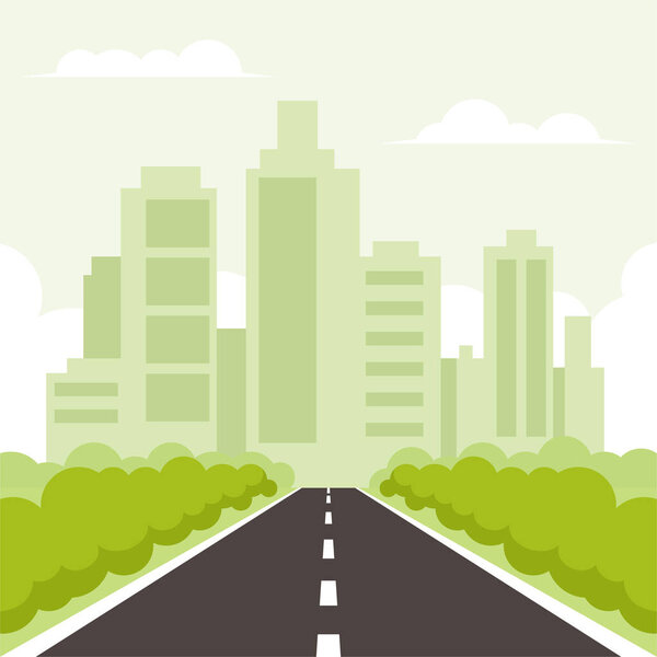 Cityscape background with road and trees. Vector illustration in flat style